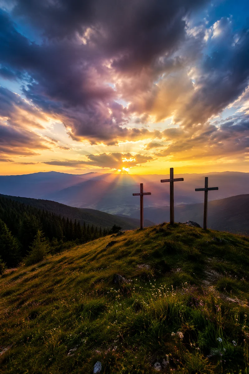 Three Crosses on Evergreen Hill at Sunset