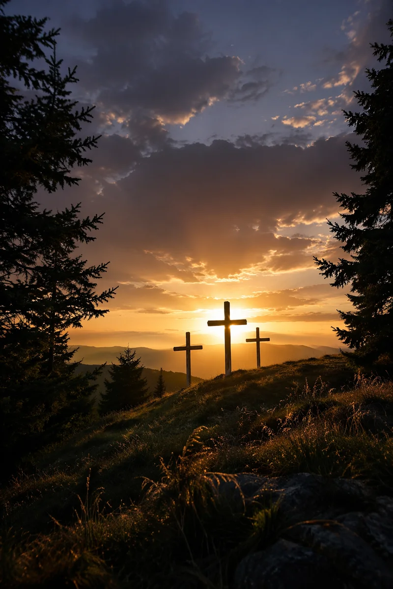 Three Crosses on Evergreen Hill at Sunset