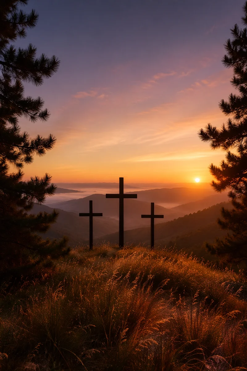 Three Crosses on Hill at Sunset