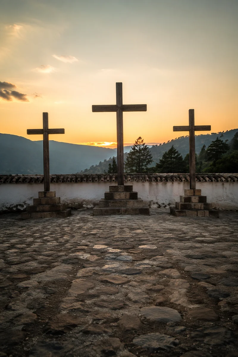 Three Wooden Crosses at Sunset Hilltop