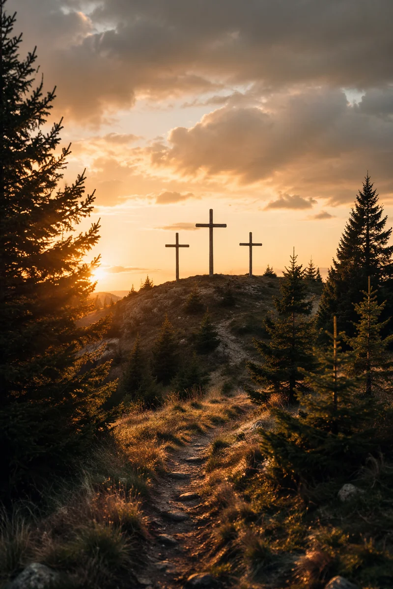 Three Crosses at Evergreen Sunset