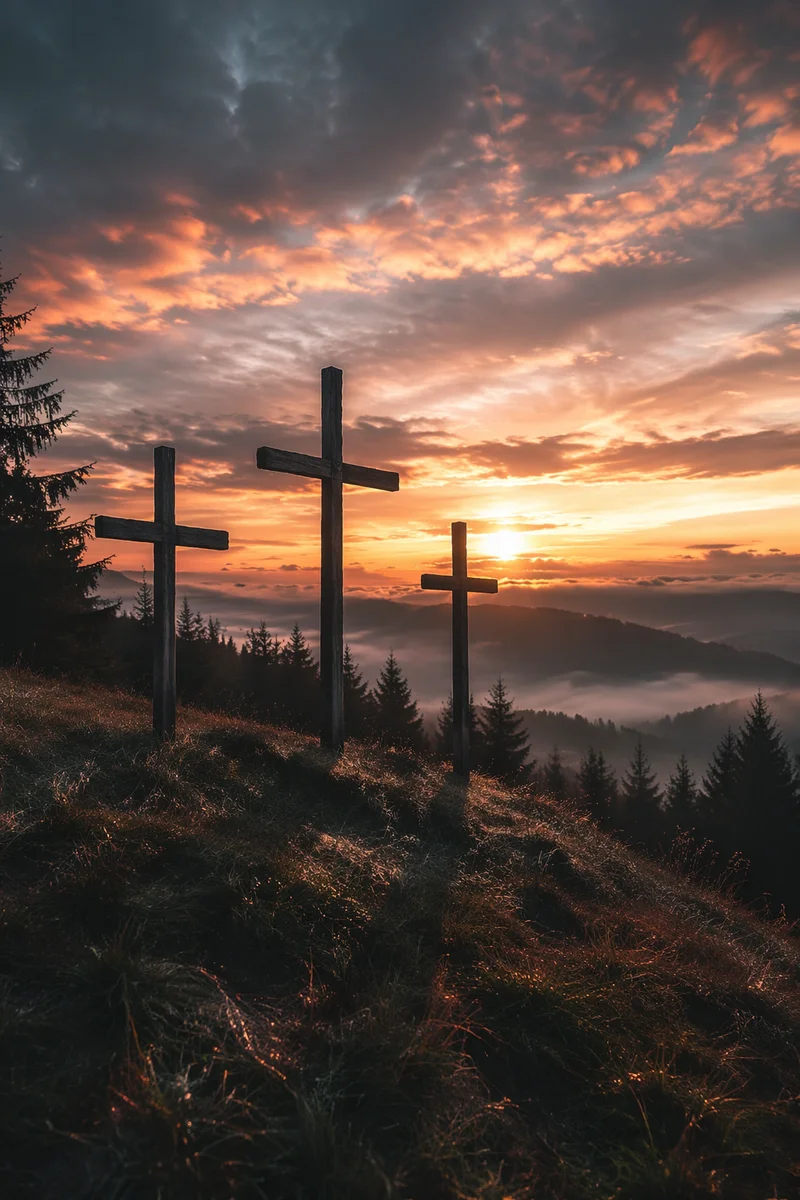 Three Wooden Crosses at Evergreen Sunset