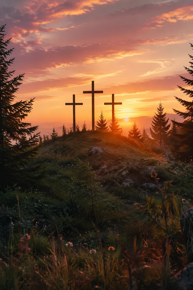 Three Crosses at Evergreen Sunset