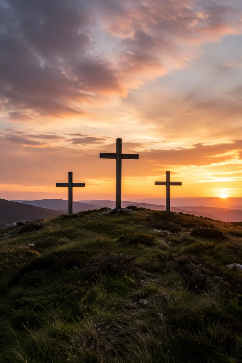 Three Crosses on Evergreen Hill at Sunset