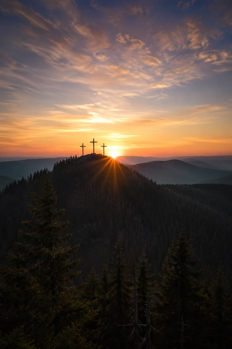 Three Crosses on Evergreen Hill at Sunset