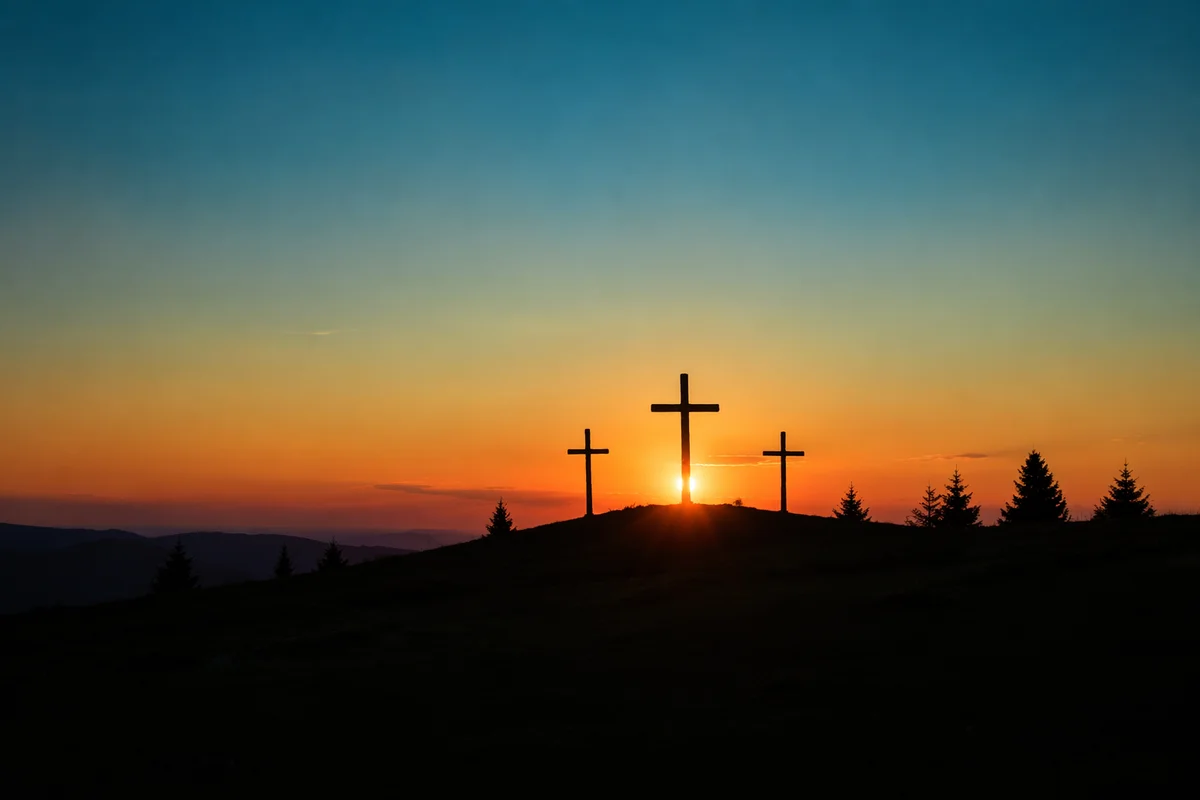 Three Crosses at Sunset on Grassy Hill