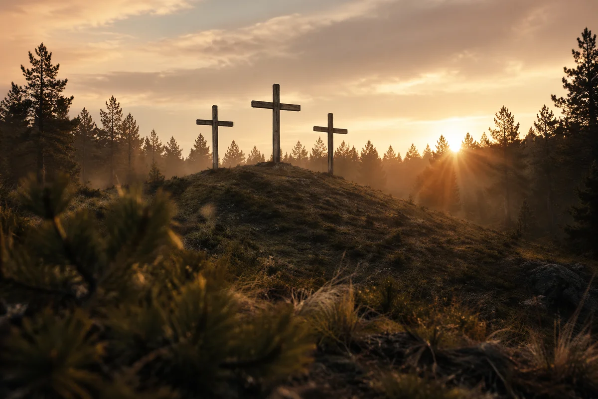 Three Wooden Crosses at Evergreen Sunset