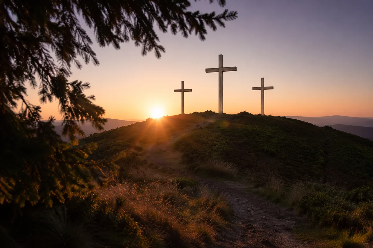 Three Crosses on Evergreen Hill at Sunset
