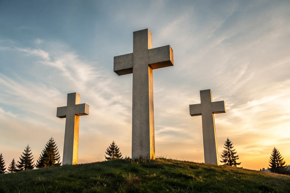 Three Stone Crosses at Golden Sunset