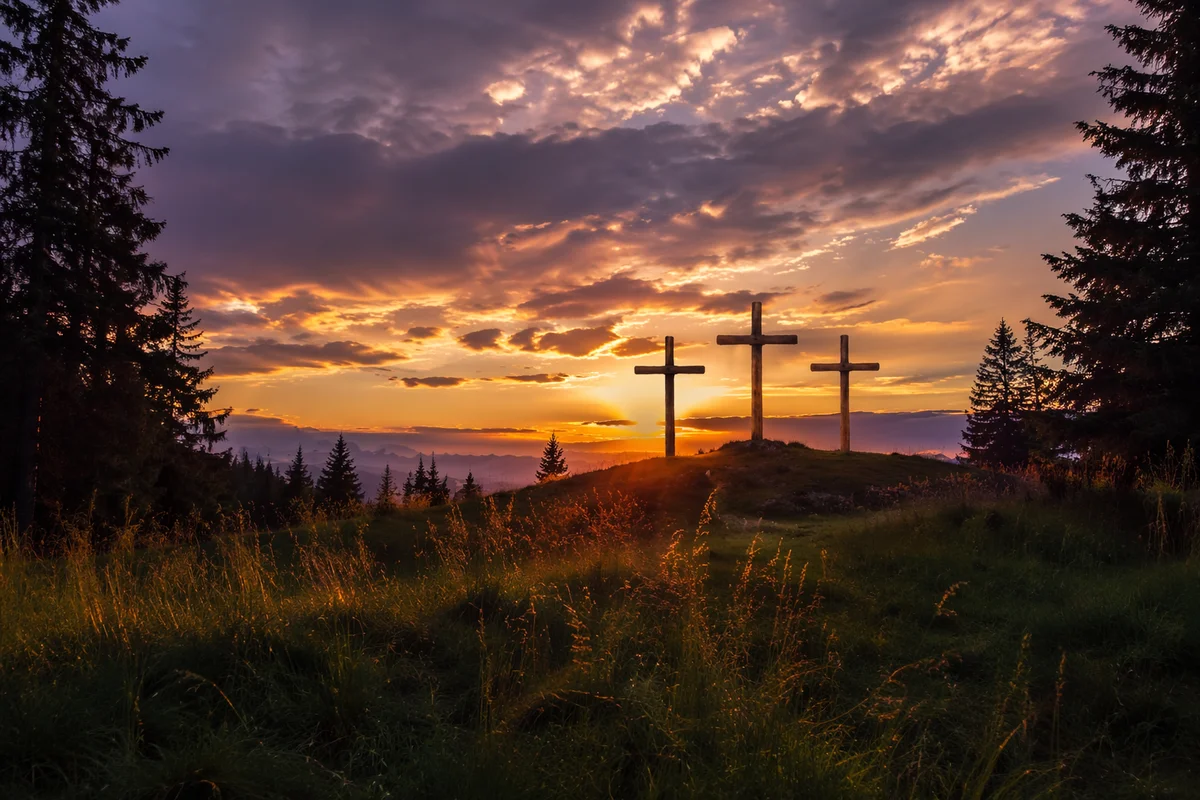 Three Crosses at Evergreen Sunset