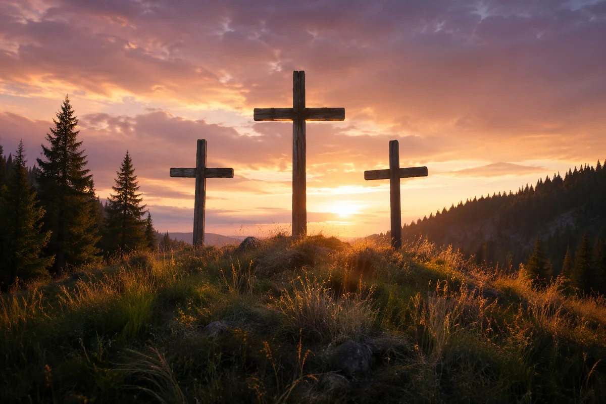 Three Wooden Crosses at Evergreen Sunset