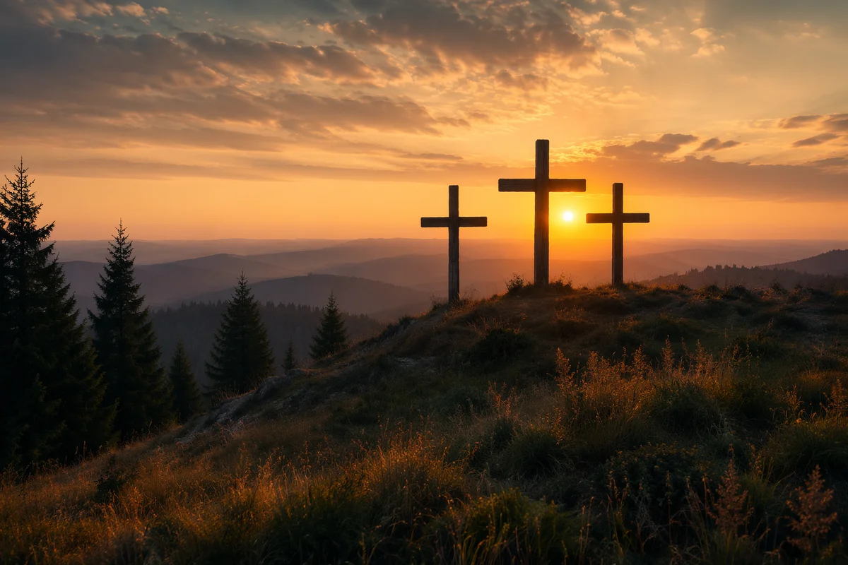 Three Crosses on Evergreen Hill at Sunset