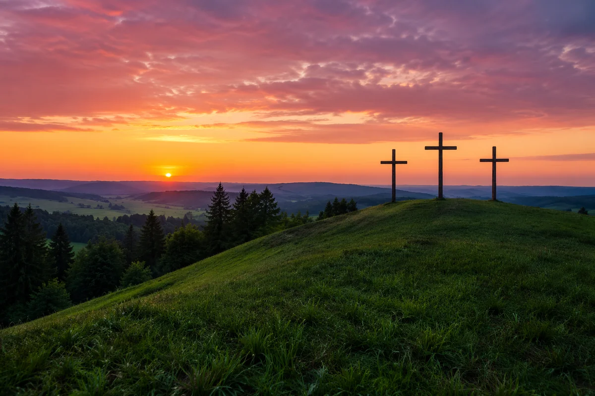 Three Crosses on Green Hill at Sunset