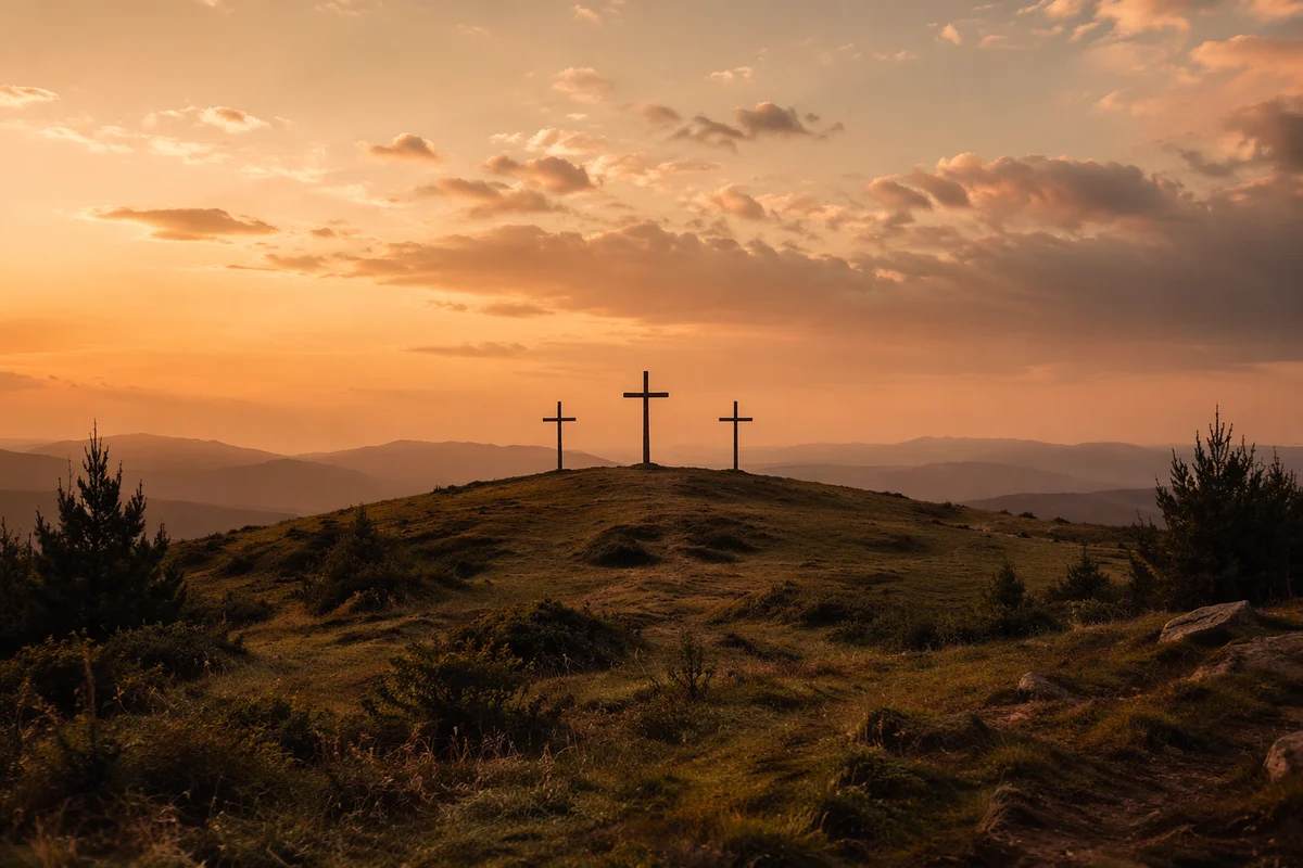 Three Crosses on Evergreen Hill at Sunset