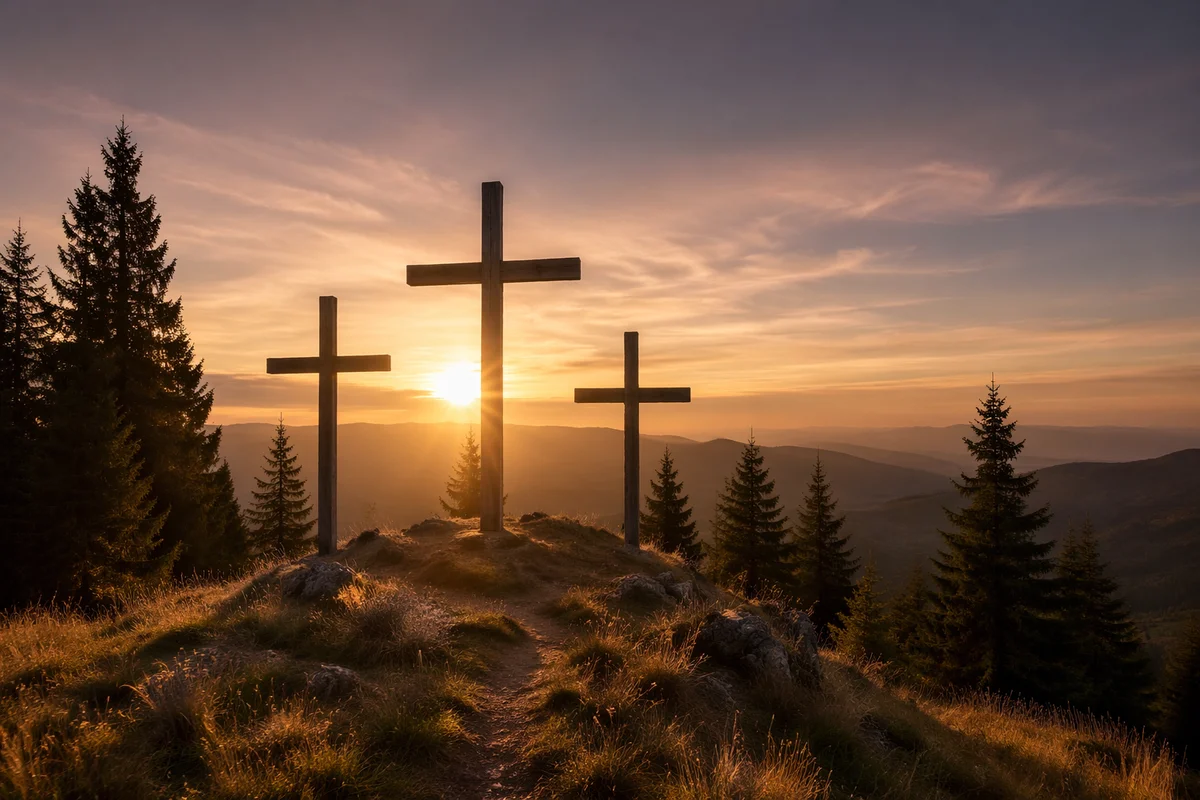 Three Wooden Crosses on Evergreen Sunset Hill