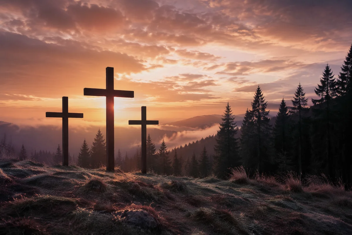 Three Wooden Crosses at Evergreen Sunset
