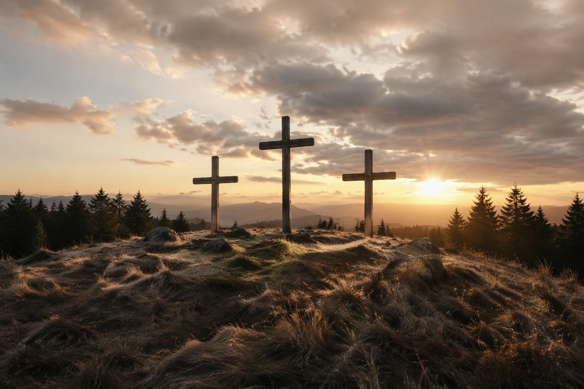 Three Wooden Crosses on Evergreen Sunset Hill