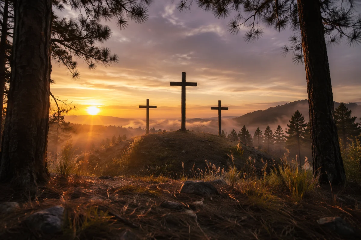 Three Crosses on Evergreen Hill at Sunset