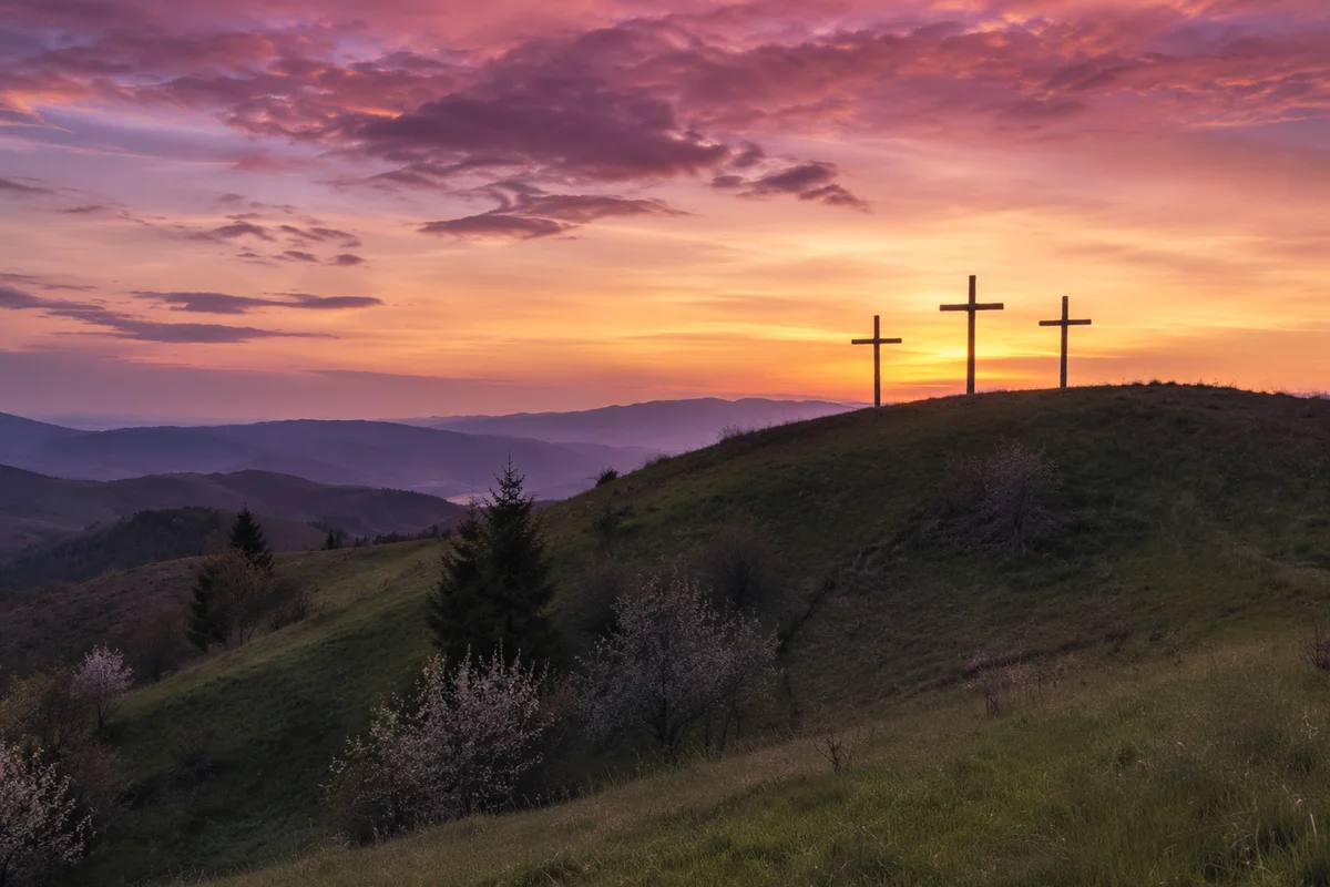 Three Crosses on Grassy Hill at Sunset
