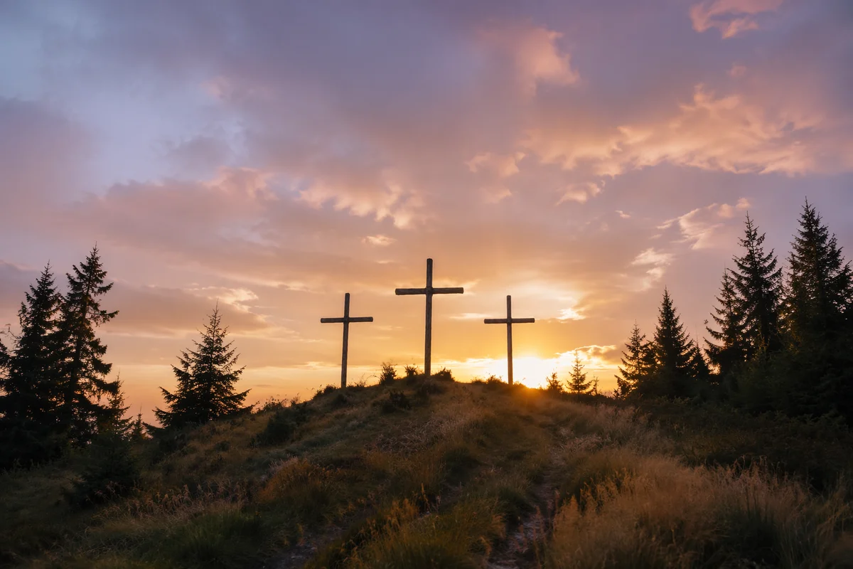 Three Crosses at Evergreen Sunset