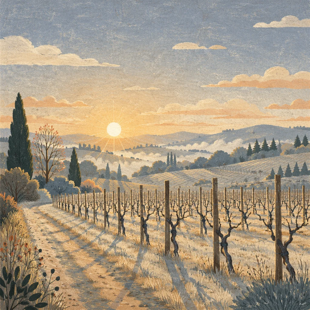 Evergreen Vineyard Rows in Morning Mist