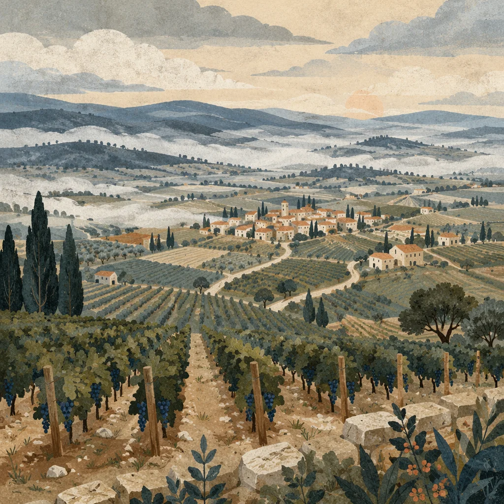 Morning Mist Over Evergreen Vineyard Rows