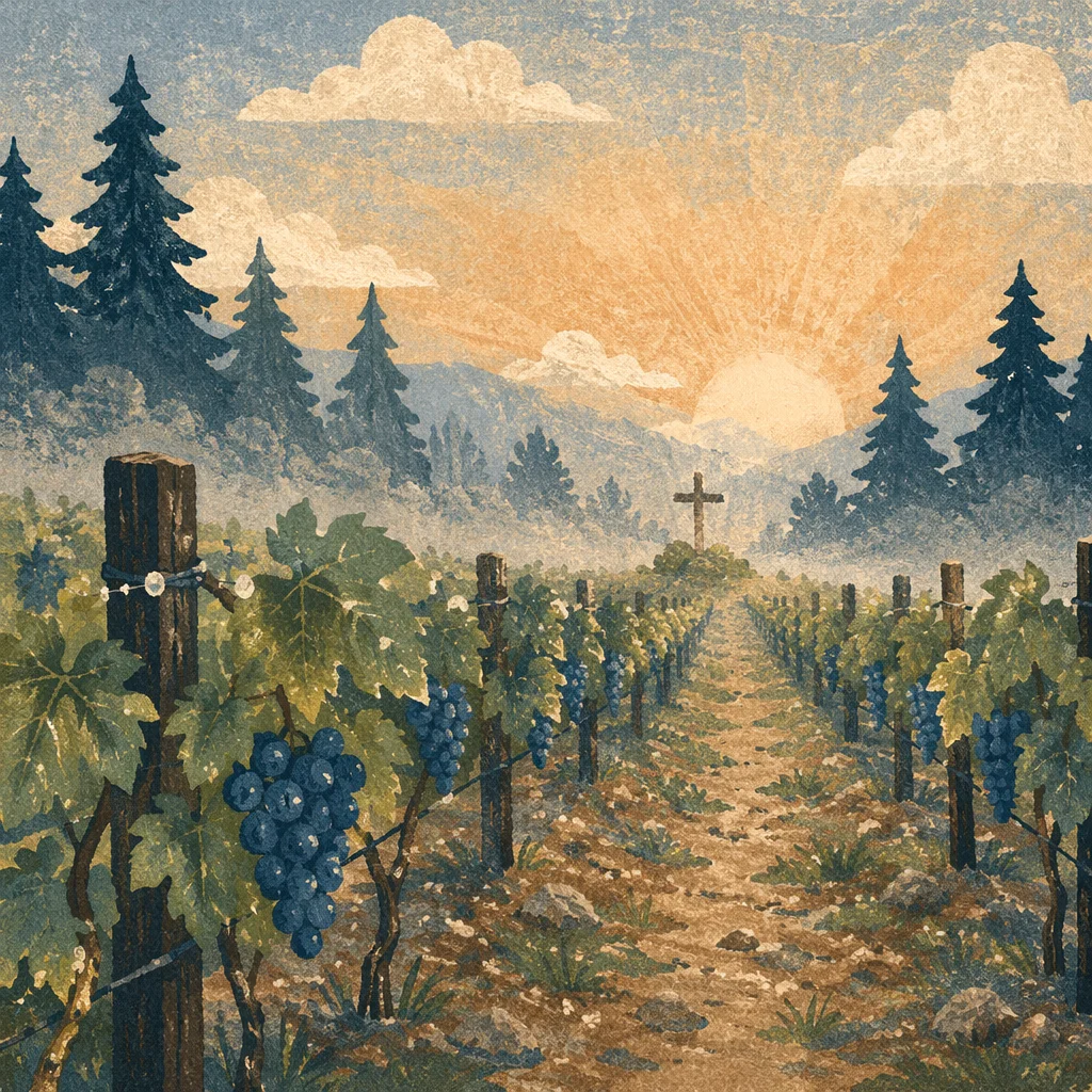 Morning Mist Vineyard with Evergreen Cross