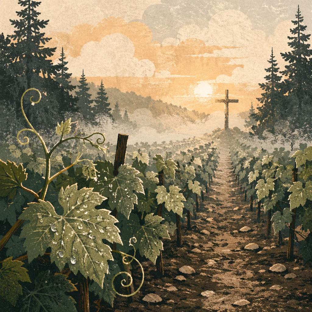 Morning Mist Vineyard Cross Among Evergreens