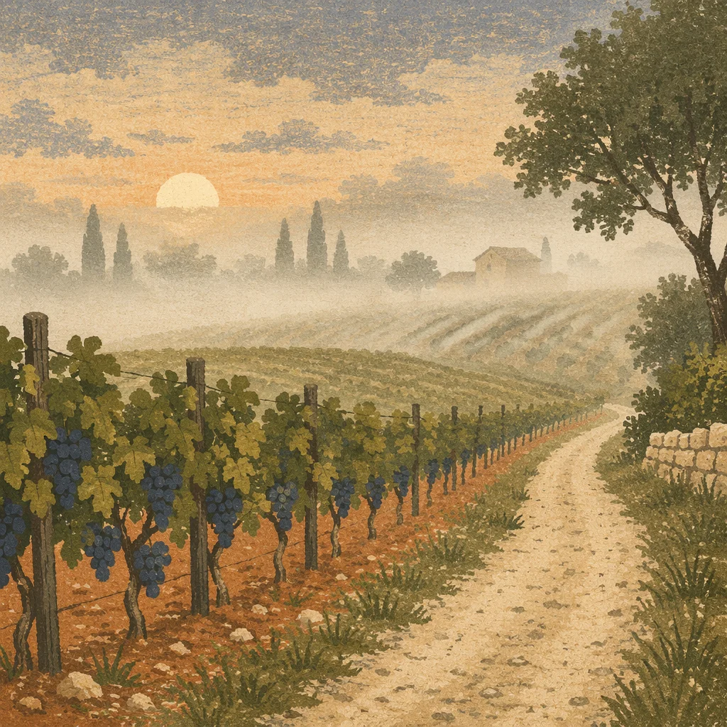 Misty Vineyard Rows at Dawn