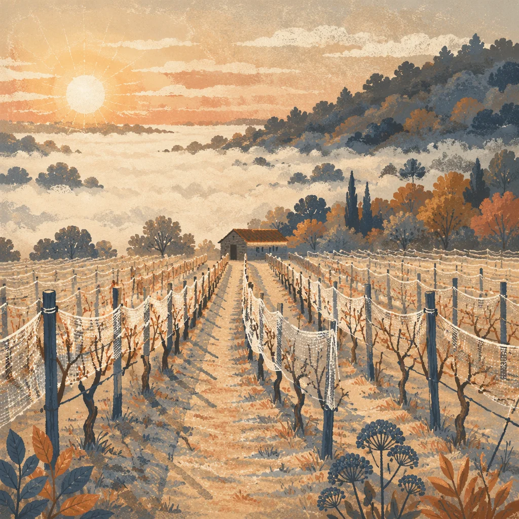 Sunrise Vineyard Rows in Morning Mist