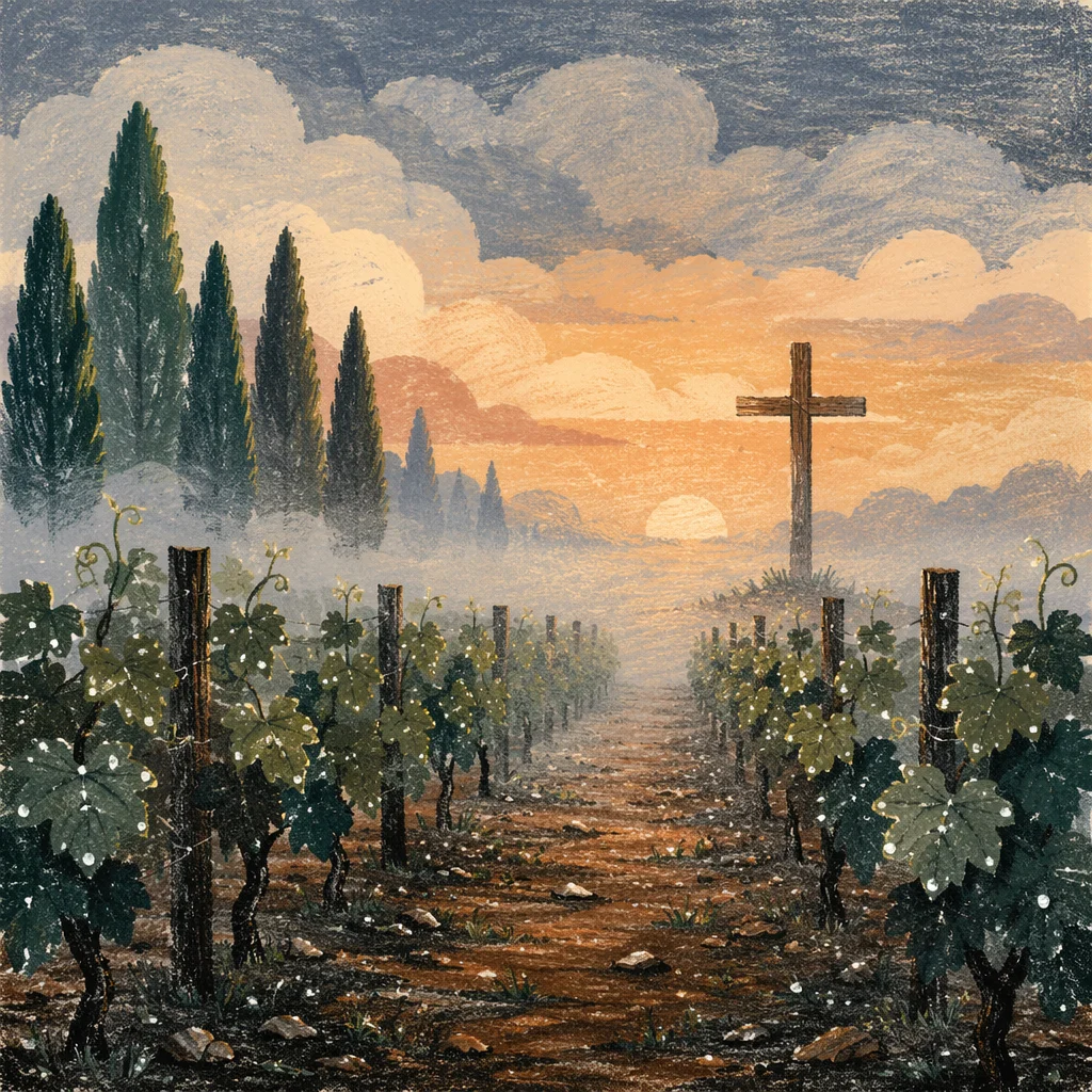 Morning Mist Vineyard with Wooden Cross
