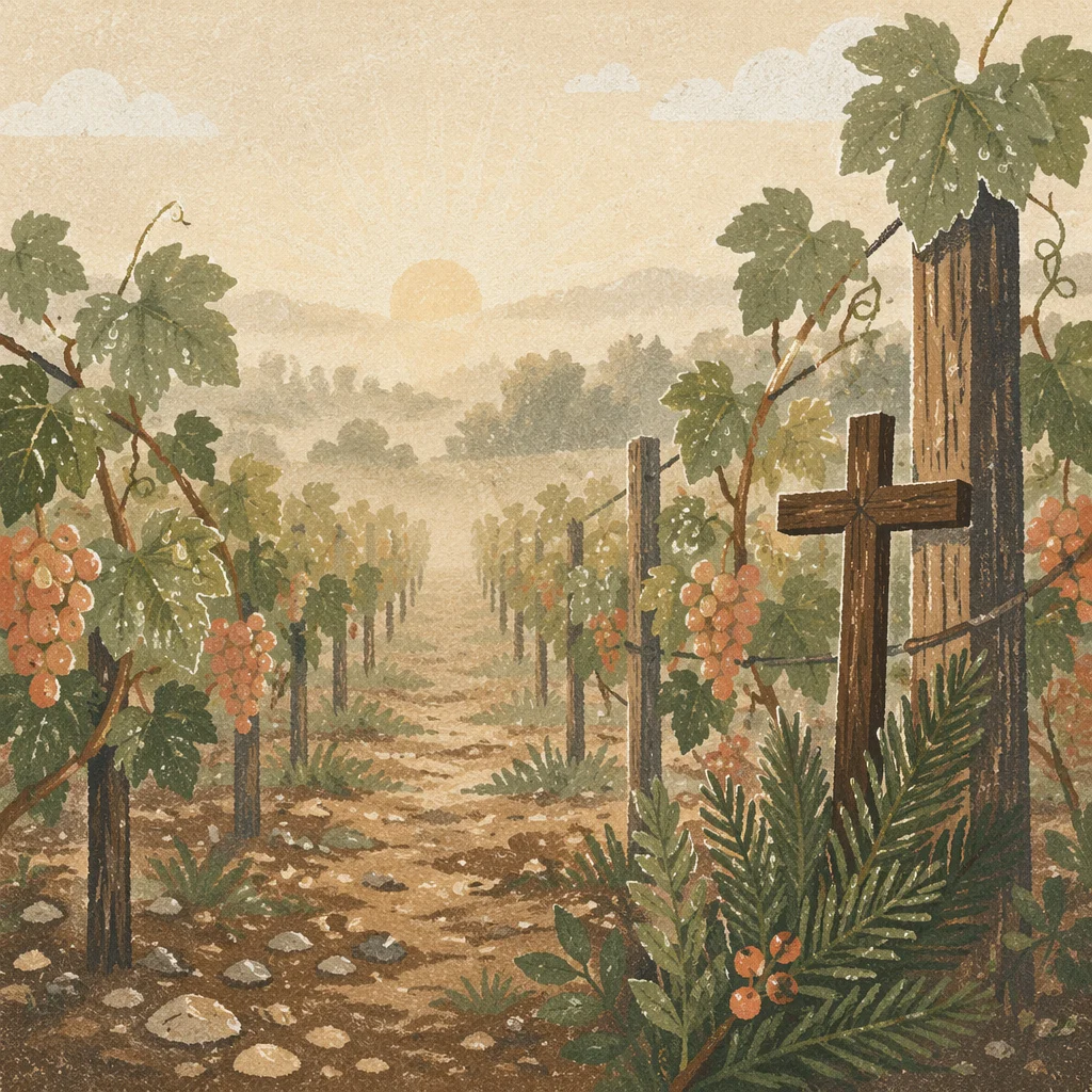 Misty Vineyard Rows with Evergreen Cross