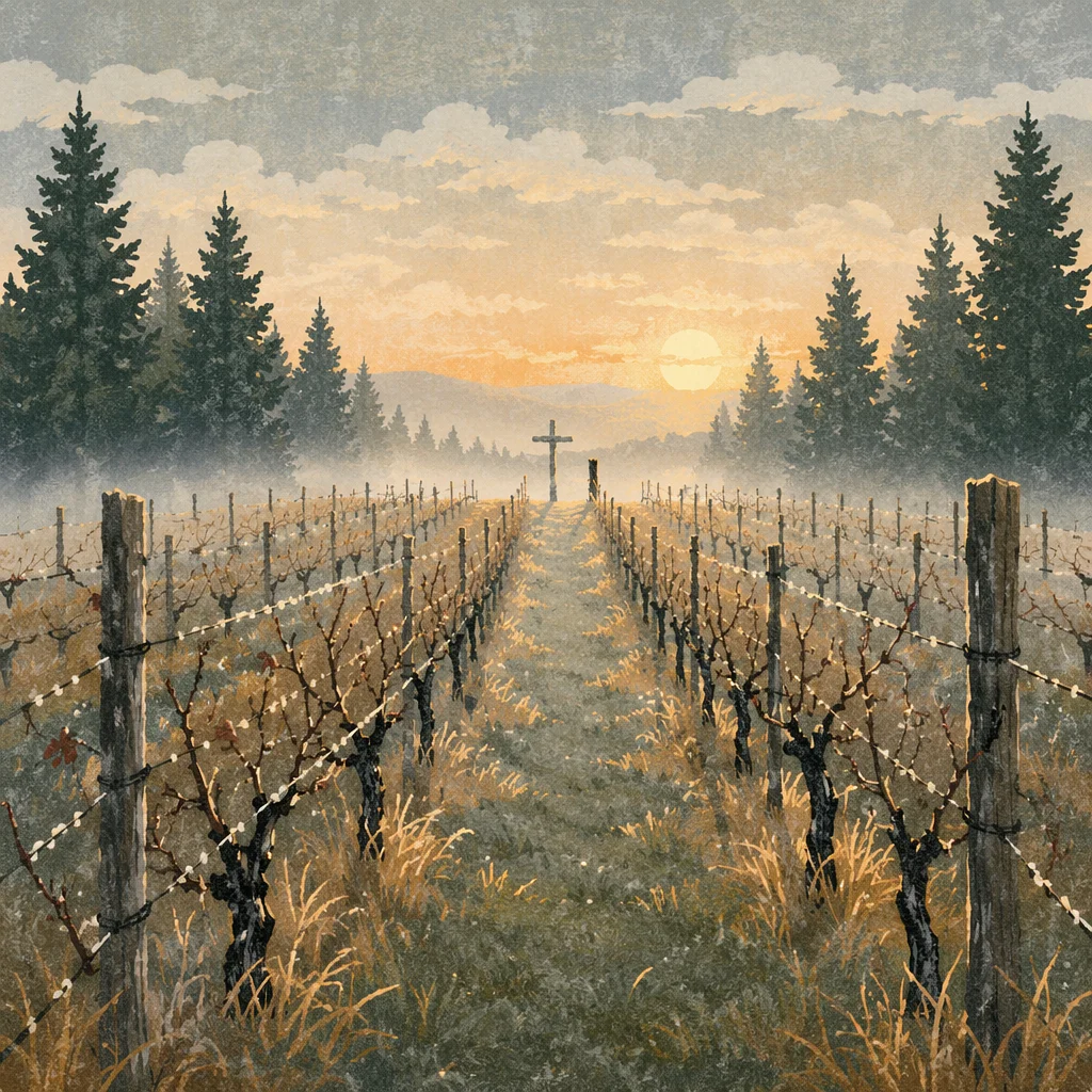 Misty Vineyard Rows with Evergreen Cross