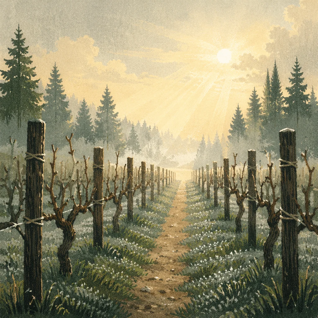 Morning Mist Over Evergreen Vineyard Rows