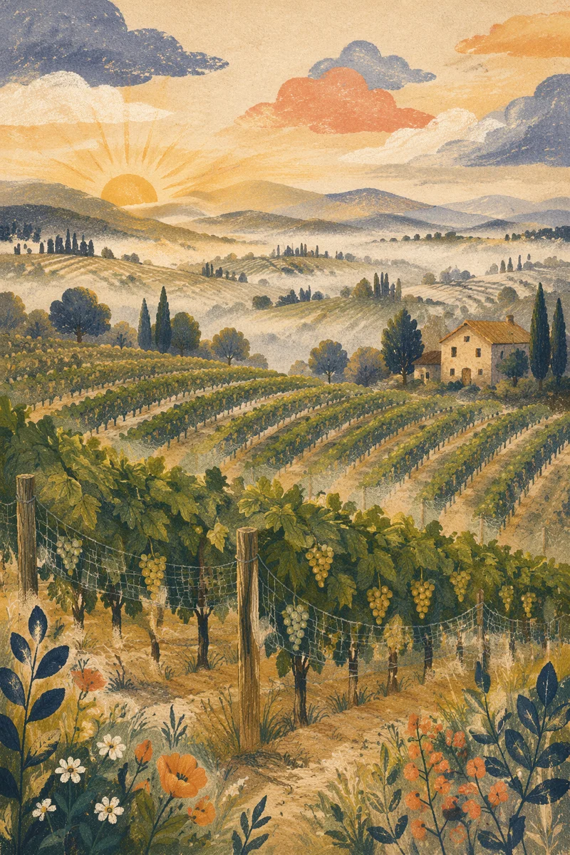 Misty Evergreen Vineyard Rows at Dawn