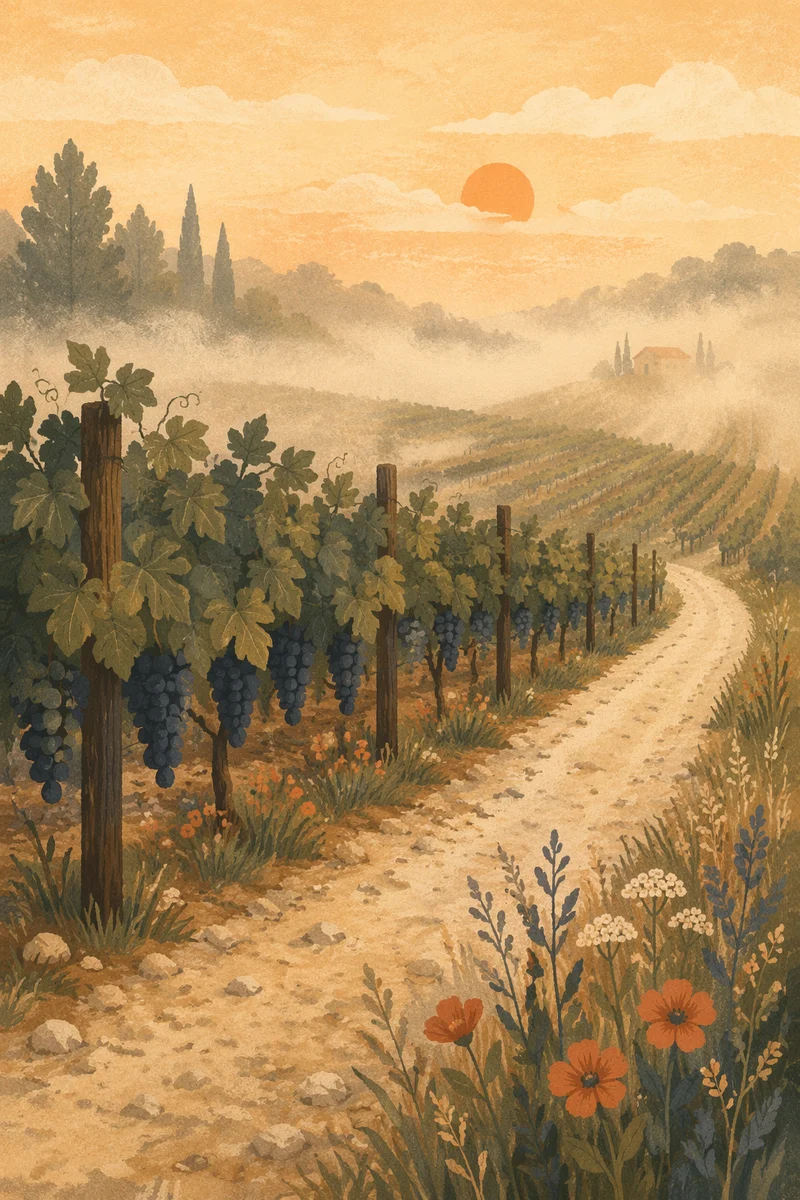 Misty Evergreen Vineyard Rows at Sunrise