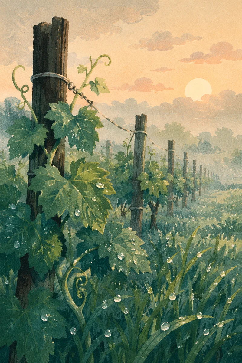 Morning Mist Between Evergreen Vineyard Rows