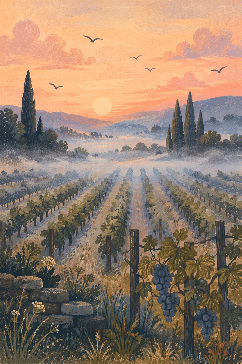Misty Vineyard Rows at Evergreen Dawn