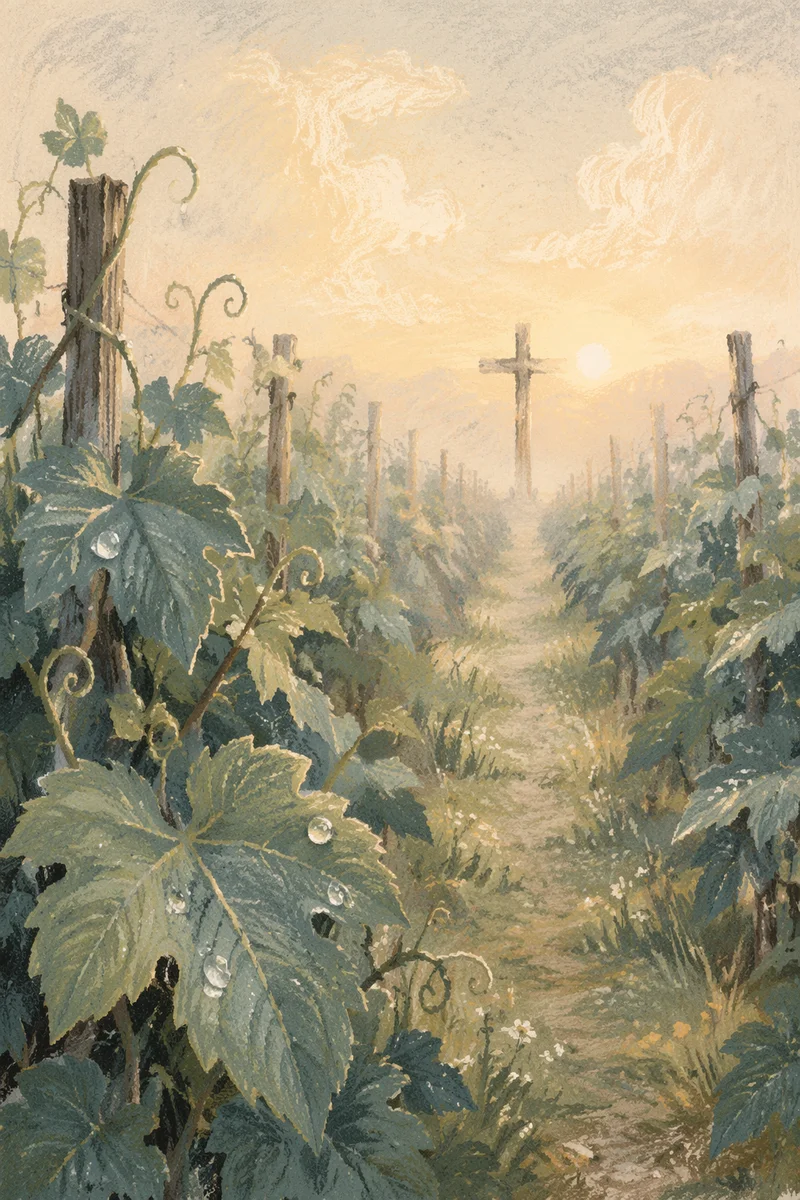 Morning Mist Vineyard with Distant Cross