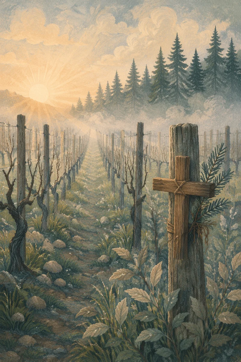 Morning Mist Vineyard with Wooden Cross