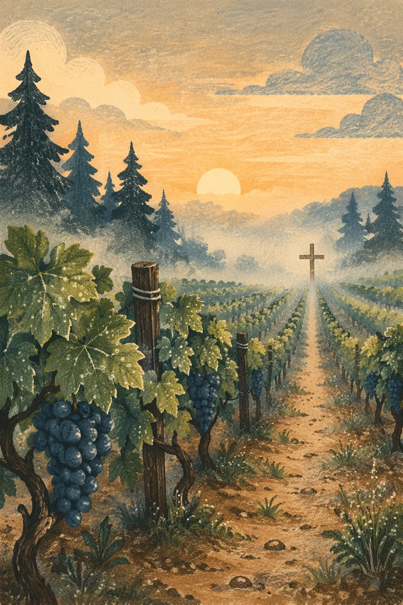 Misty Vineyard Rows with Wooden Cross