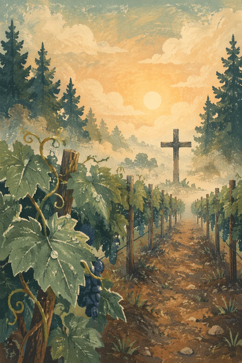 Misty Vineyard Rows with Wooden Cross