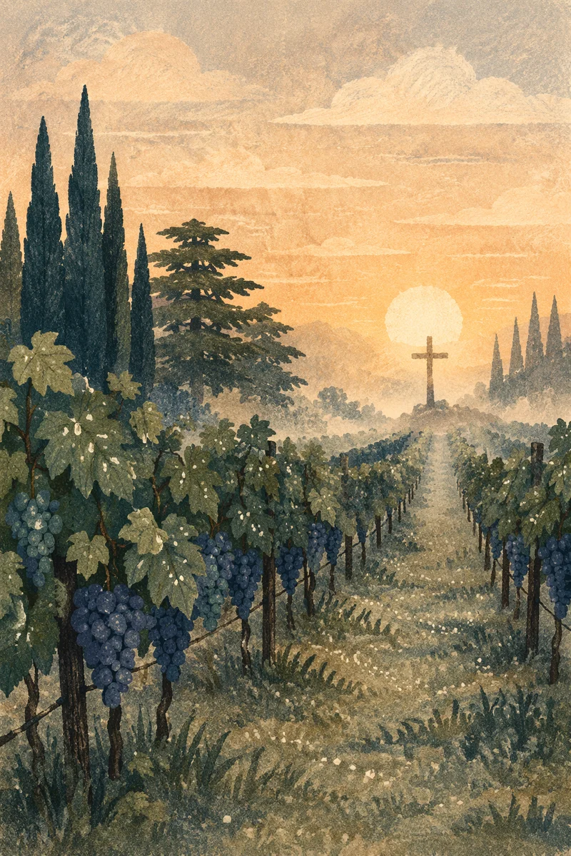 Morning Mist Vineyard Cross at Dawn