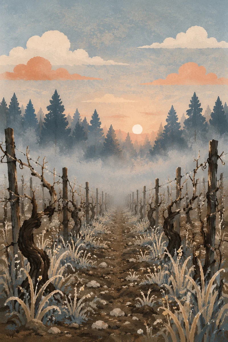 Misty Vineyard Rows at Evergreen Sunrise