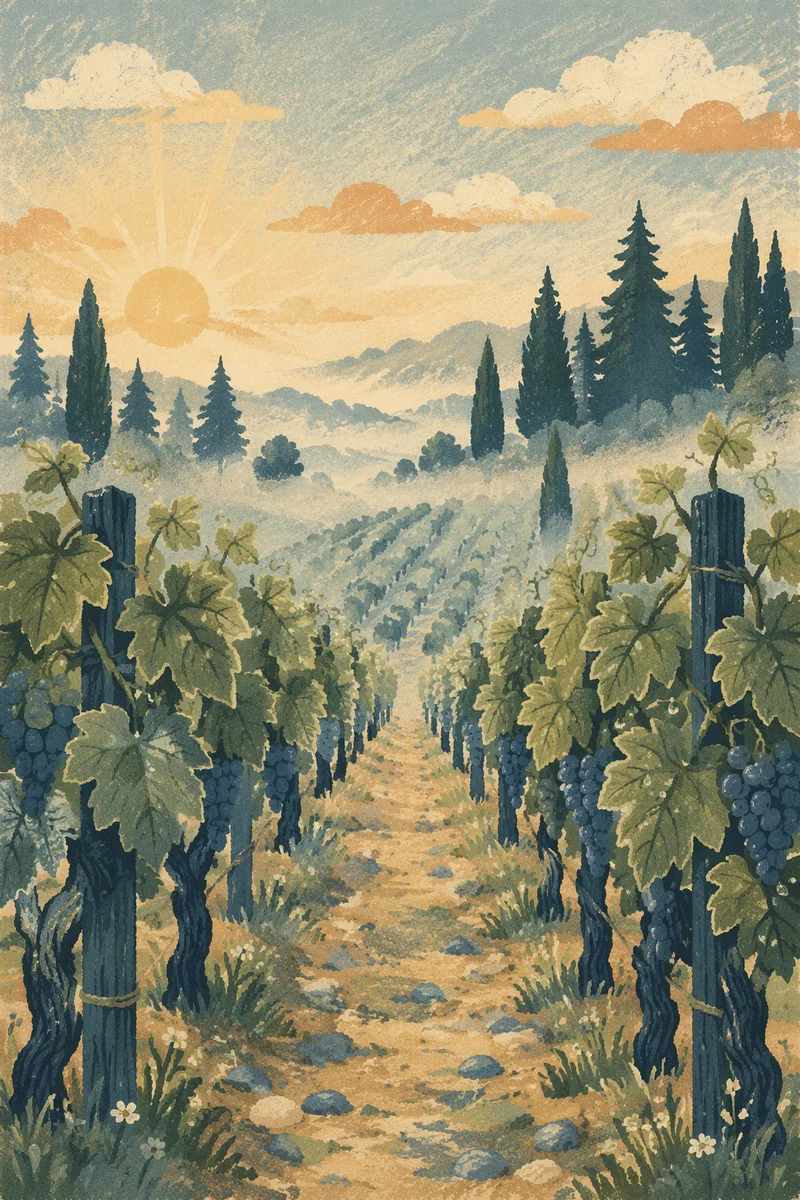 Morning Mist Vineyard Rows with Evergreens
