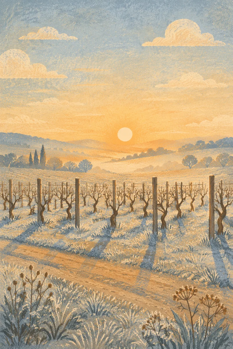 Morning Mist Over Quiet Vineyard Rows