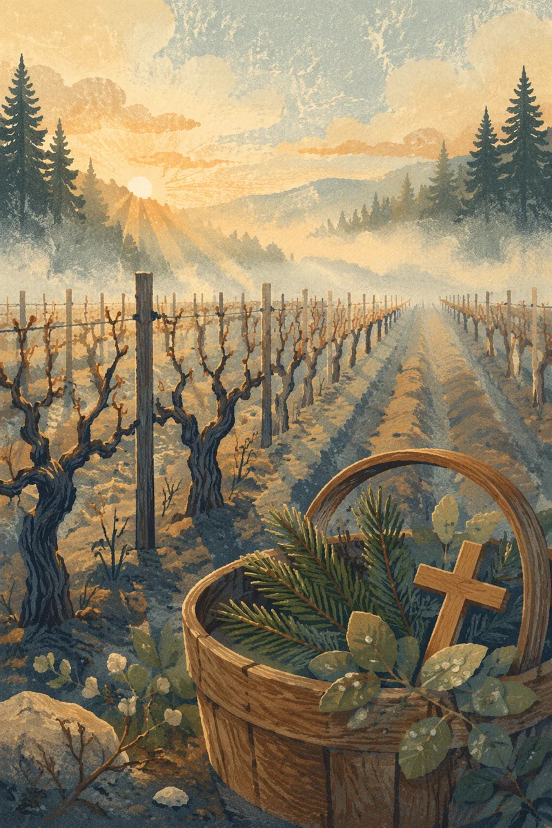 Morning Mist Vineyard with Evergreen Cross