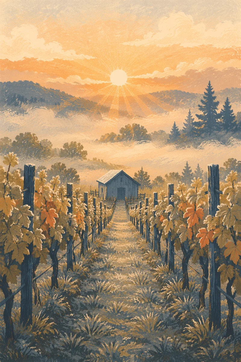 Misty Vineyard Rows at Golden Dawn
