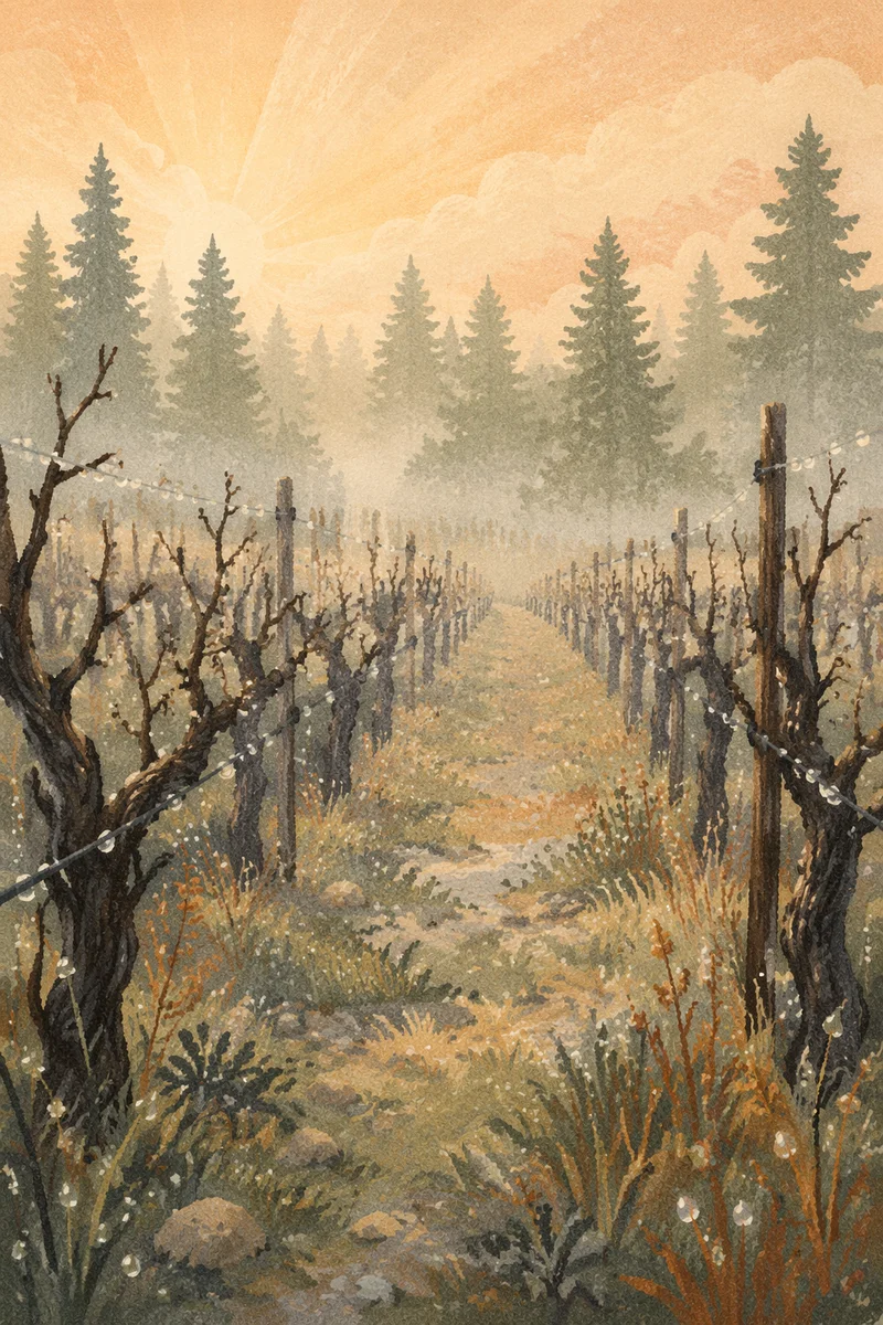 Morning Mist Vineyard with Evergreen Trees