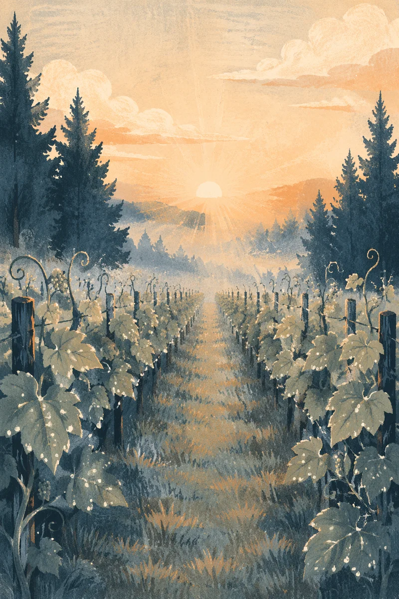 Misty Vineyard Path Through Evergreen Dawn